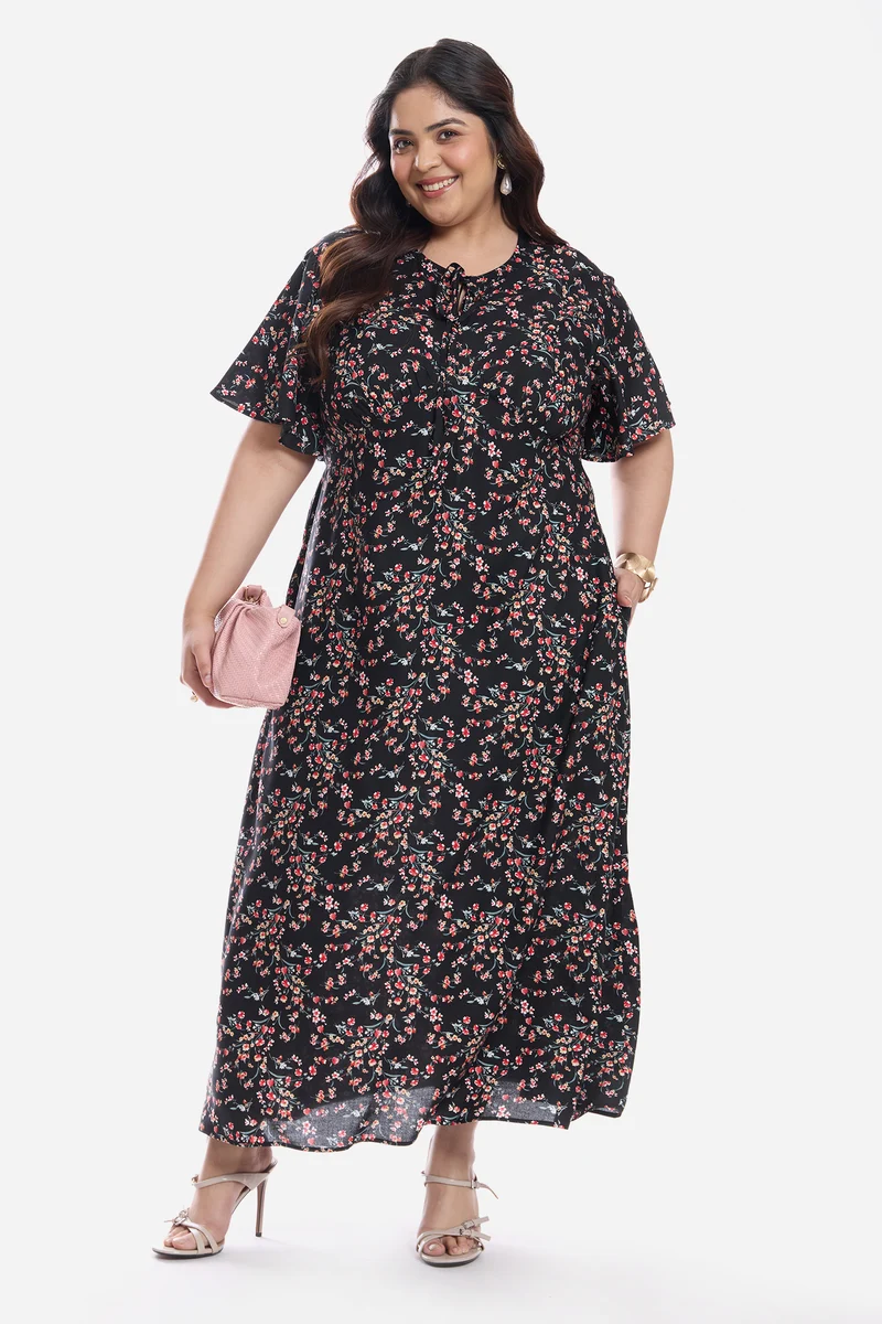 Aruna|Viscose Midi Dress With Flutter Sleeve