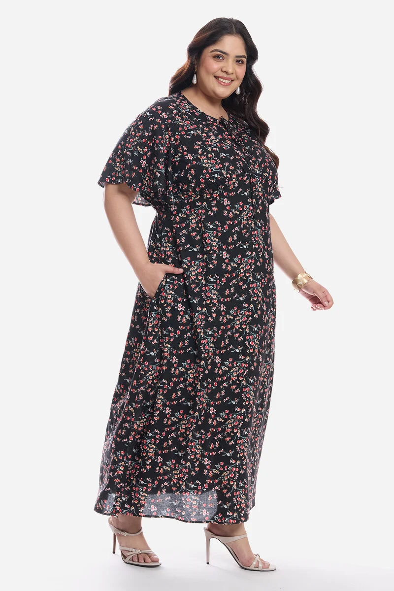 Aruna|Viscose Midi Dress With Flutter Sleeve