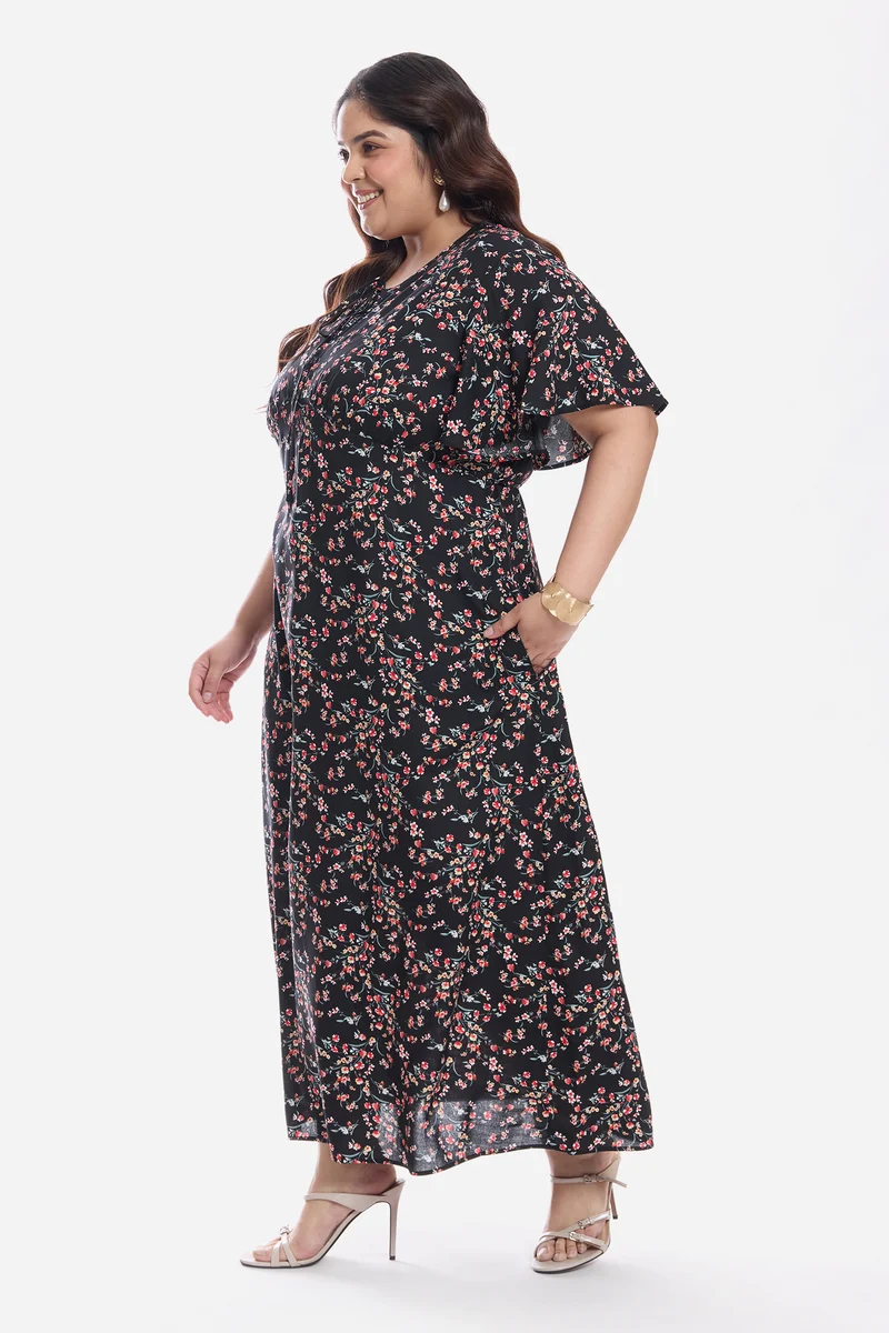 Aruna|Viscose Midi Dress With Flutter Sleeve
