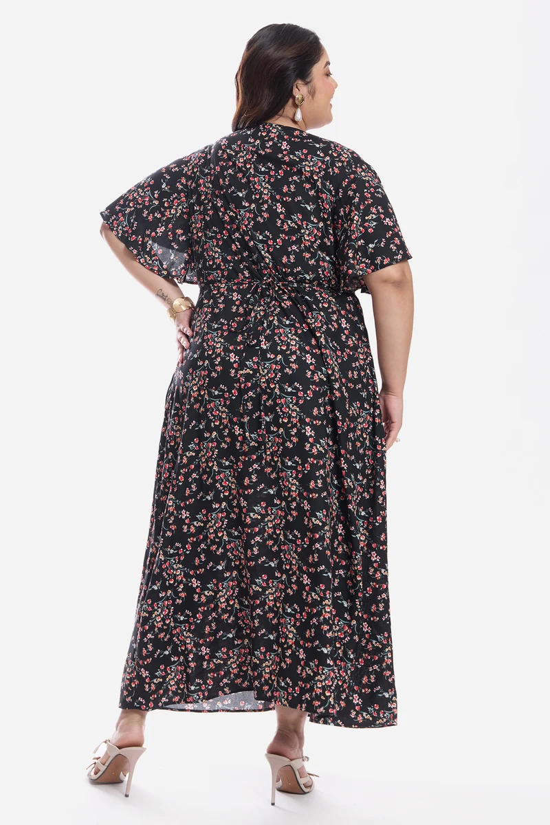 Aruna|Viscose Midi Dress With Flutter Sleeve