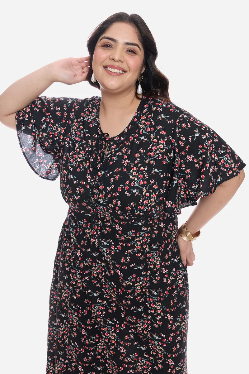 Aruna|Viscose Midi Dress With Flutter Sleeve