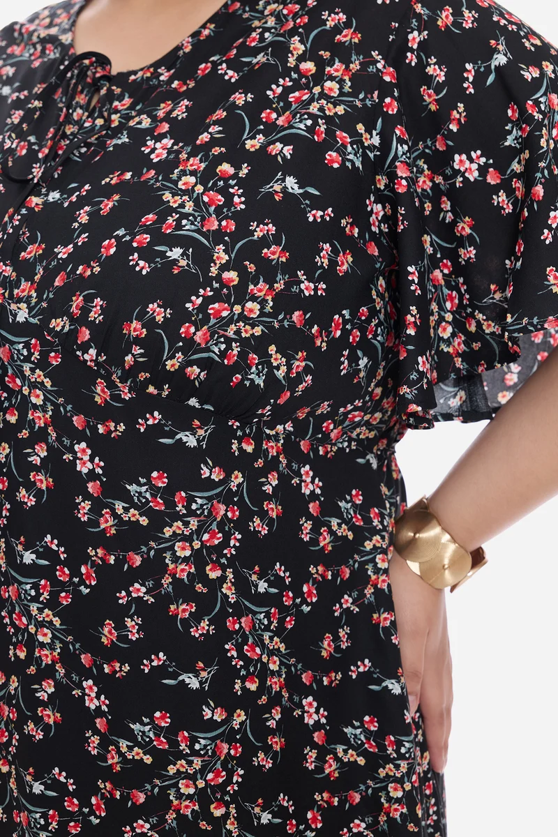 Aruna|Viscose Midi Dress With Flutter Sleeve
