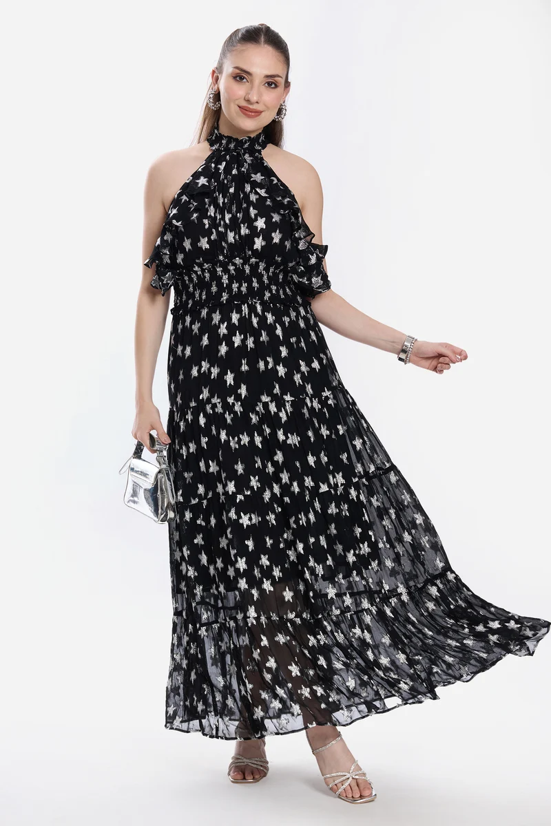 Malis|100% Viscose Halter Neck Ruffle Maxi Dress