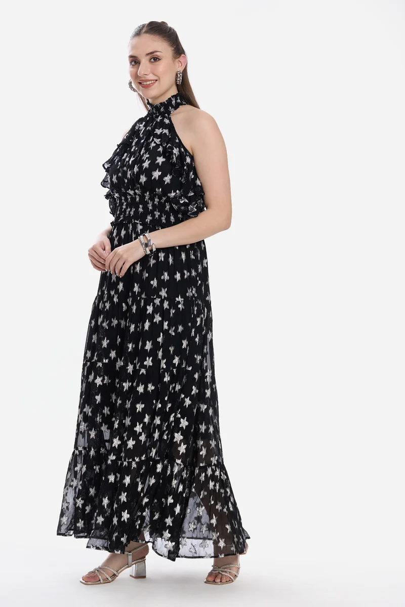 Malis|100% Viscose Halter Neck Ruffle Maxi Dress