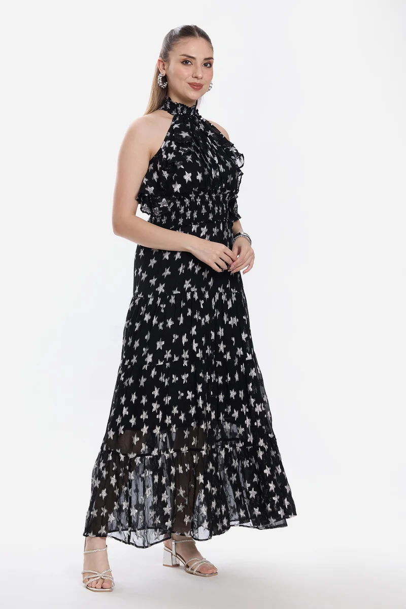 Malis|100% Viscose Halter Neck Ruffle Maxi Dress