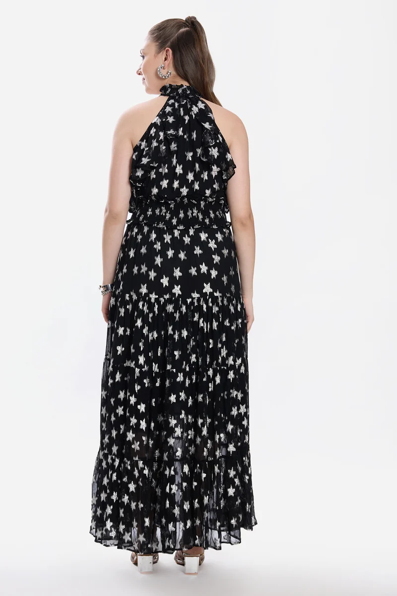 Malis|100% Viscose Halter Neck Ruffle Maxi Dress