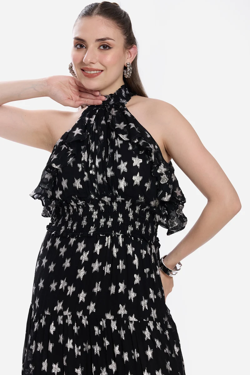 Malis|100% Viscose Halter Neck Ruffle Maxi Dress