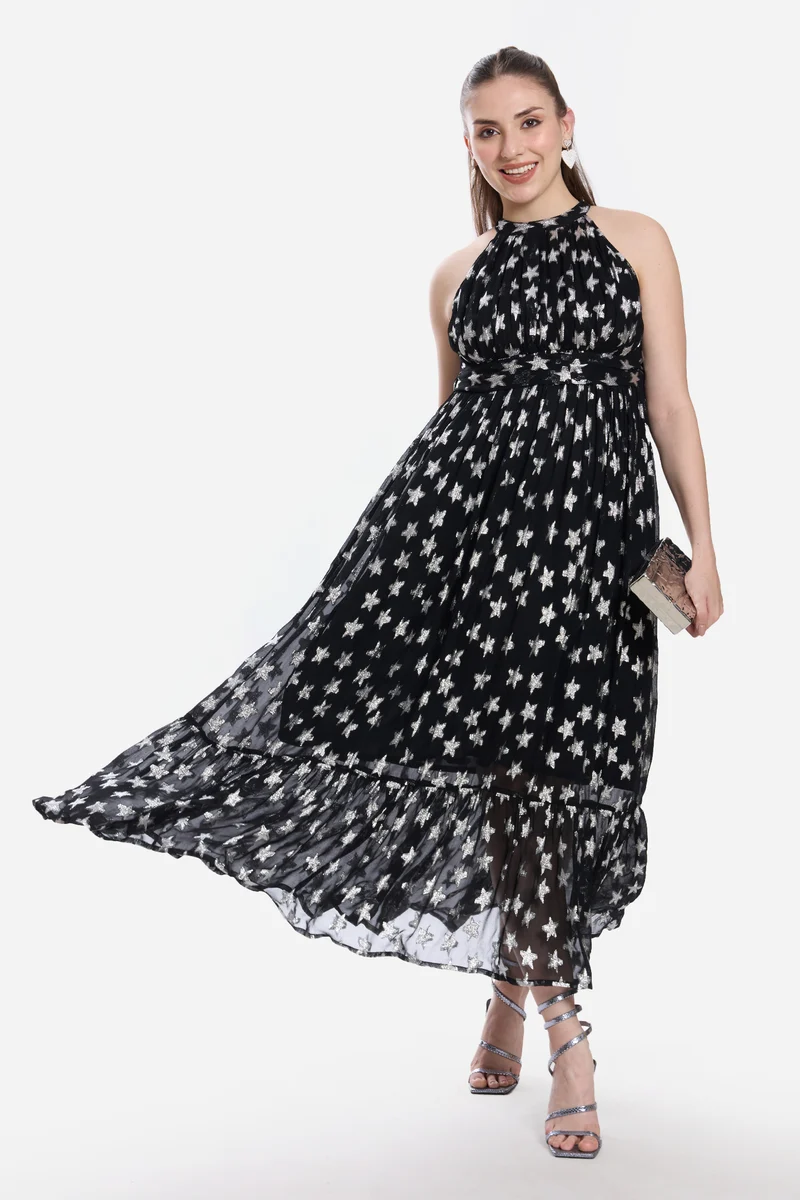 Madel|100% Viscose Halter Neck Tiered Dress