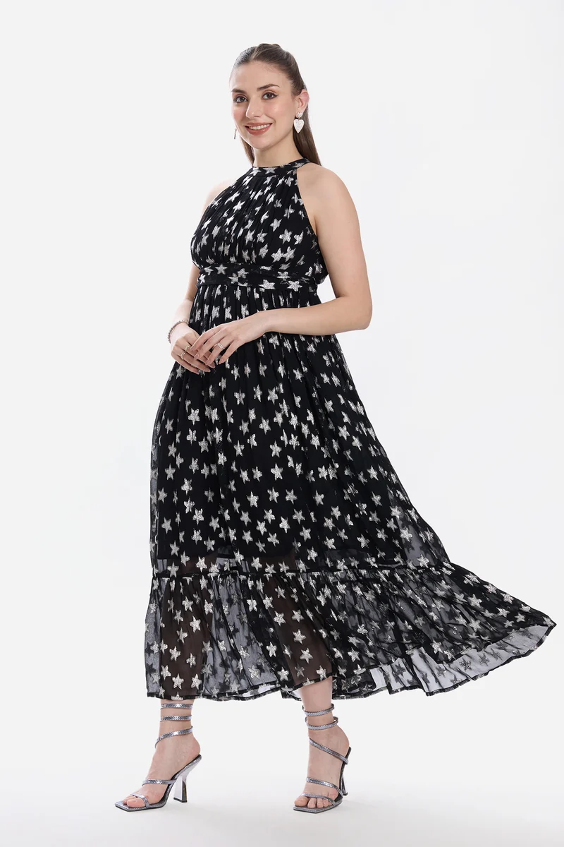 Madel|100% Viscose Halter Neck Tiered Dress