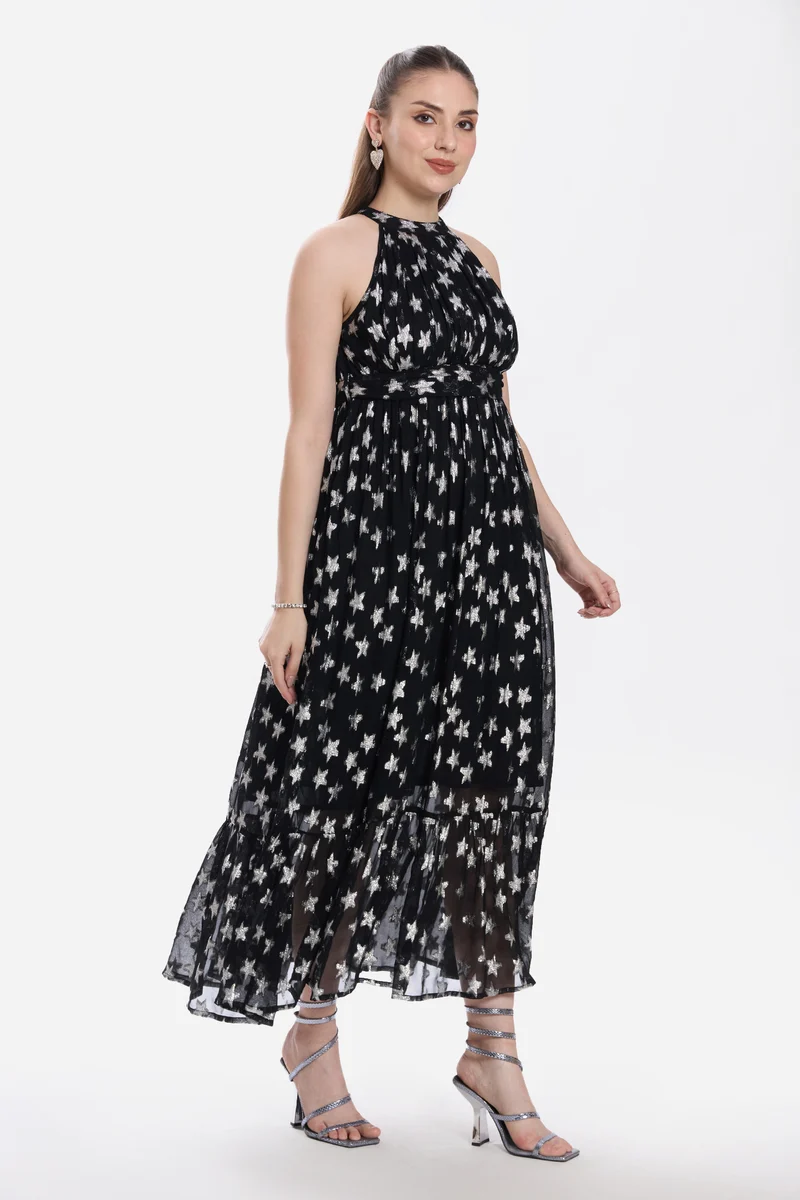 Madel|100% Viscose Halter Neck Tiered Dress