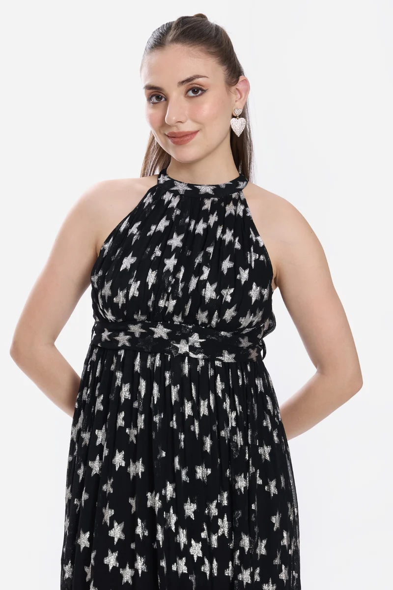 Madel|100% Viscose Halter Neck Tiered Dress