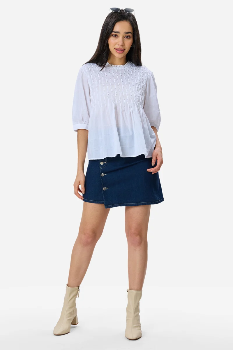 Jessei|100% Cotton Tuck & Lace Detail Flared Top