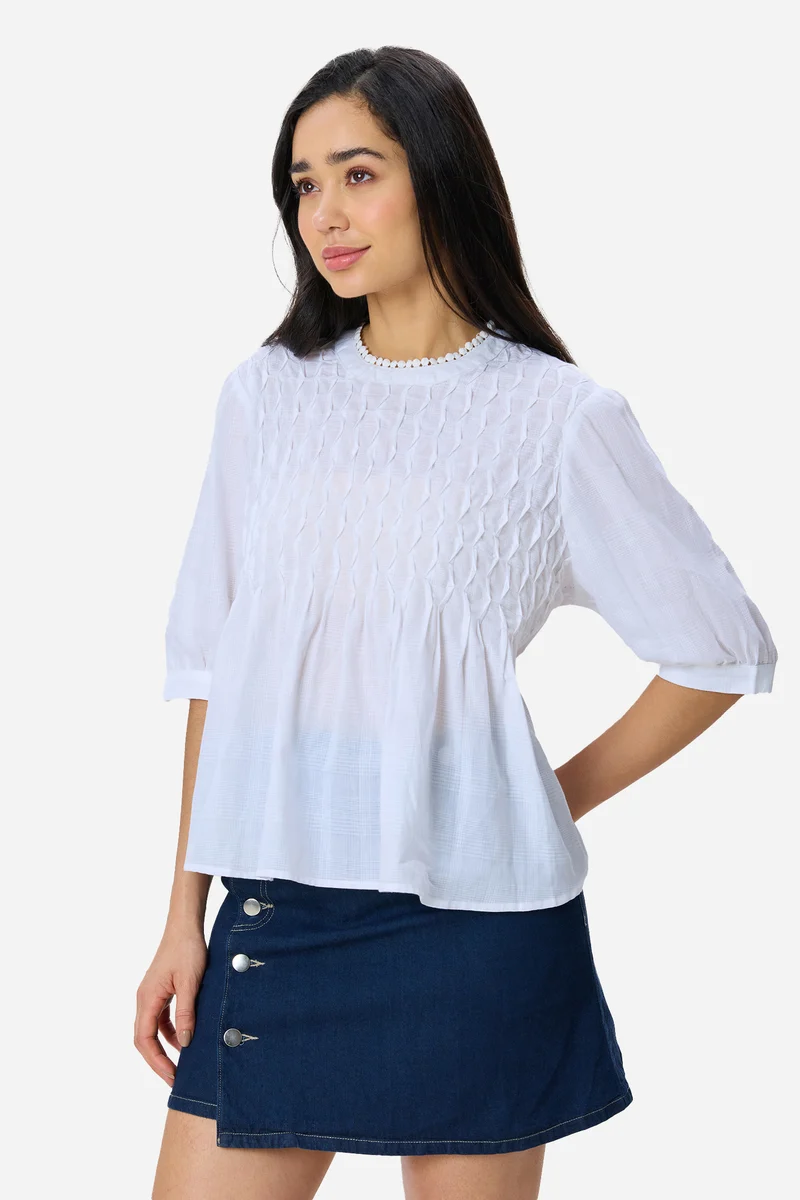 Jessei|100% Cotton Tuck & Lace Detail Flared Top