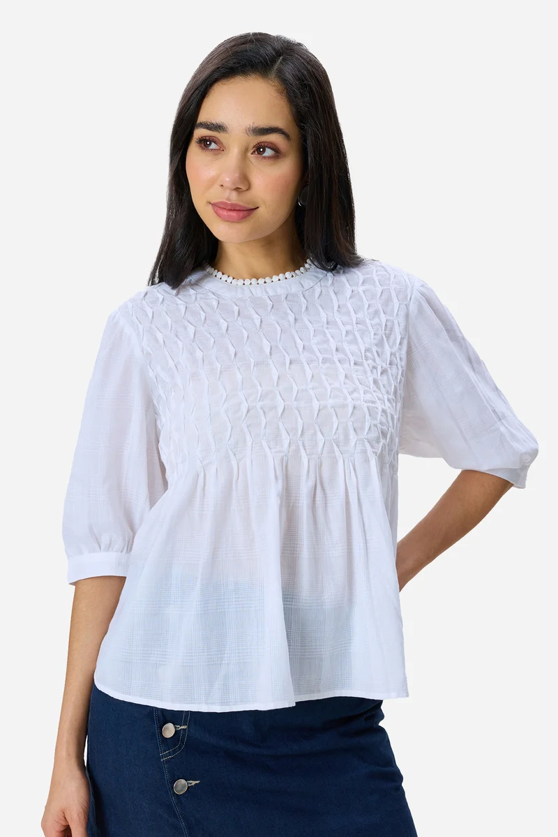 Jessei|100% Cotton Tuck & Lace Detail Flared Top