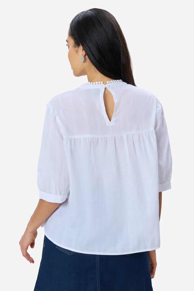 Jessei|100% Cotton Tuck & Lace Detail Flared Top