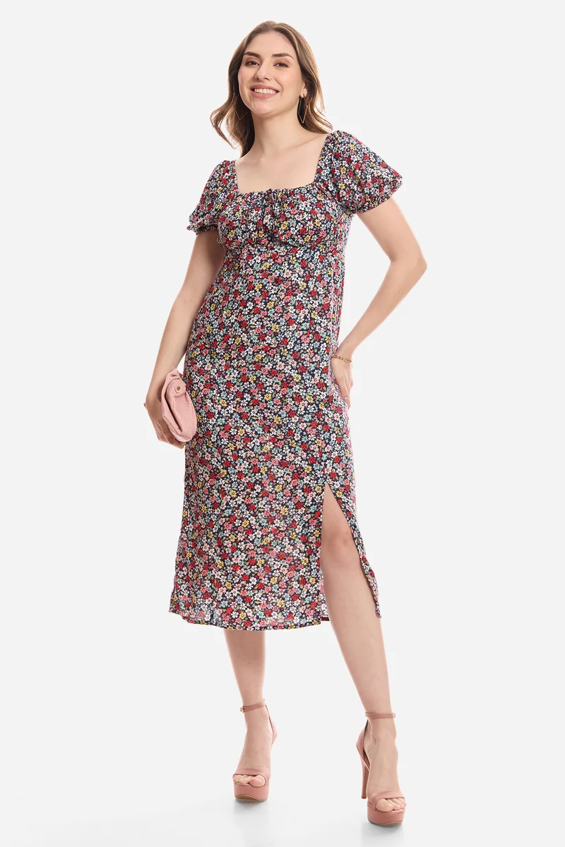 Emiko|100% Viscose Puff Sleeve Dress