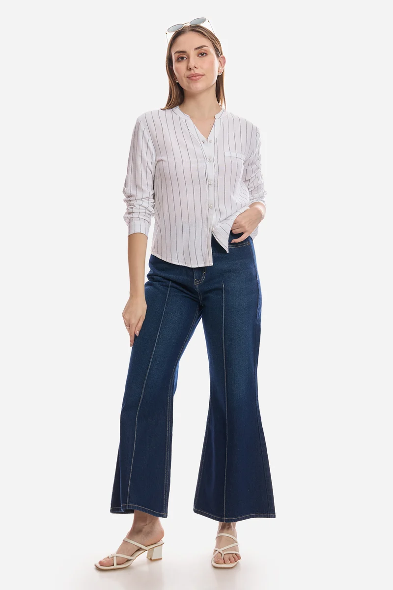 Feiza|Linen Mandarin Collar Striped Shirt
