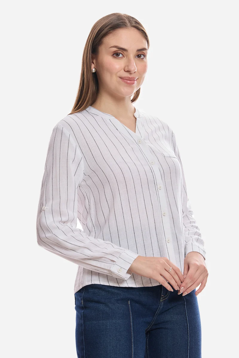 Feiza|Linen Mandarin Collar Striped Shirt