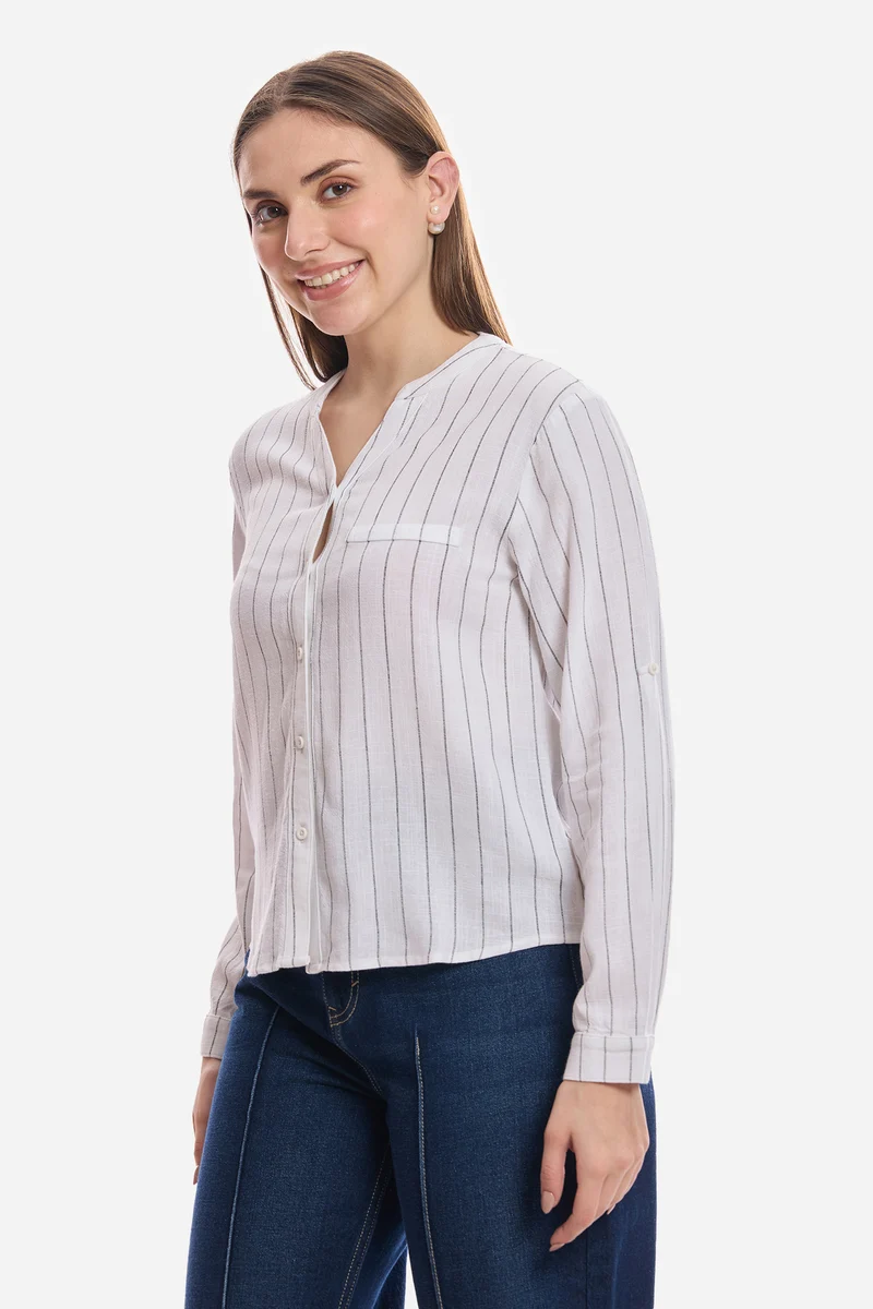 Feiza|Linen Mandarin Collar Striped Shirt
