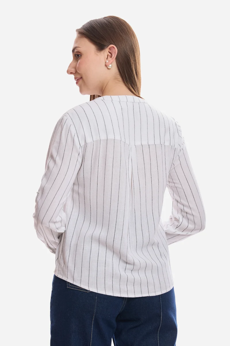 Feiza|Linen Mandarin Collar Striped Shirt