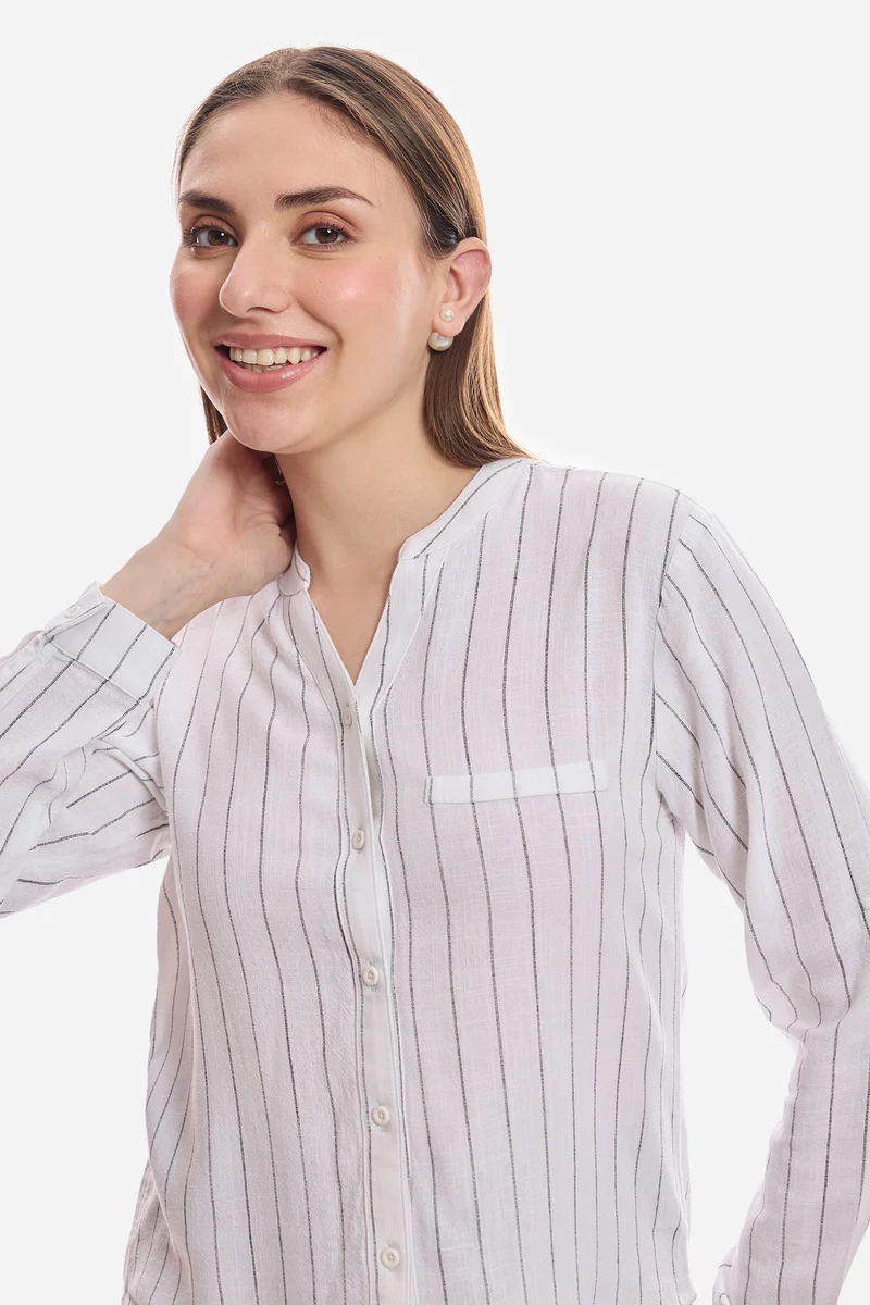 Feiza|Linen Mandarin Collar Striped Shirt