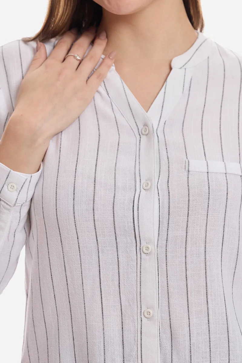 Feiza|Linen Mandarin Collar Striped Shirt