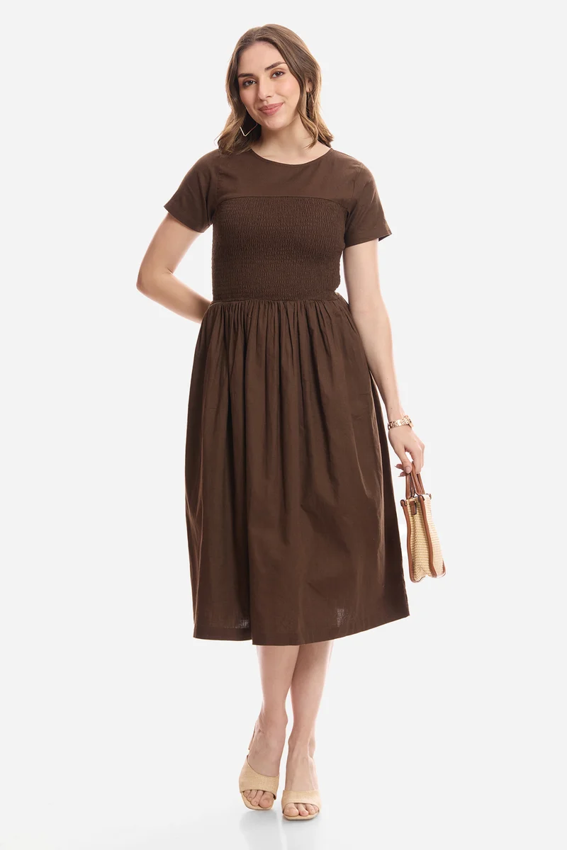 Gulna|100% Cotton Smocked Bodice Midi Dress