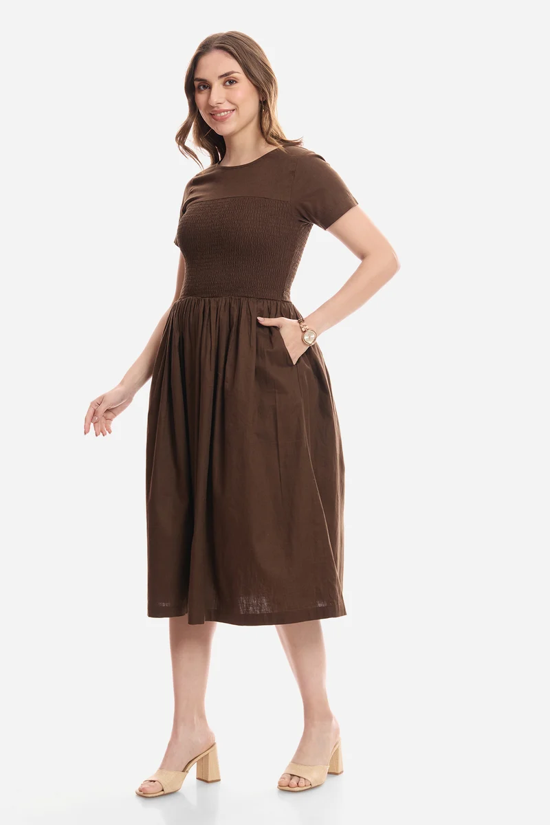 Gulna|100% Cotton Smocked Bodice Midi Dress