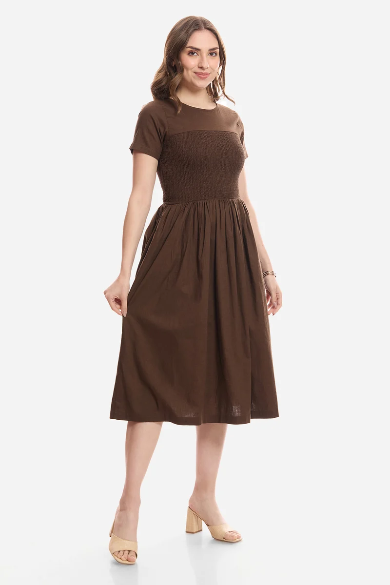 Gulna|100% Cotton Smocked Bodice Midi Dress