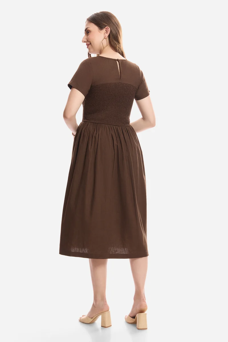 Gulna|100% Cotton Smocked Bodice Midi Dress