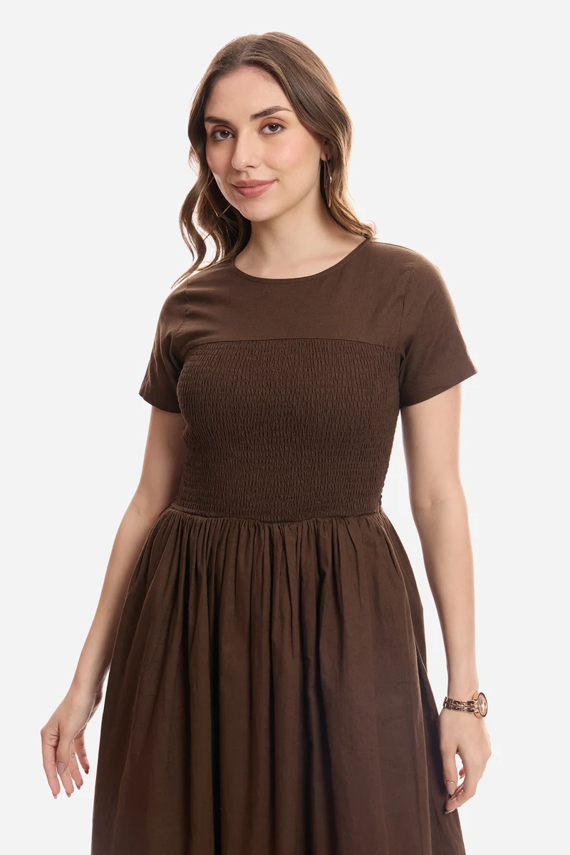 Gulna|100% Cotton Smocked Bodice Midi Dress