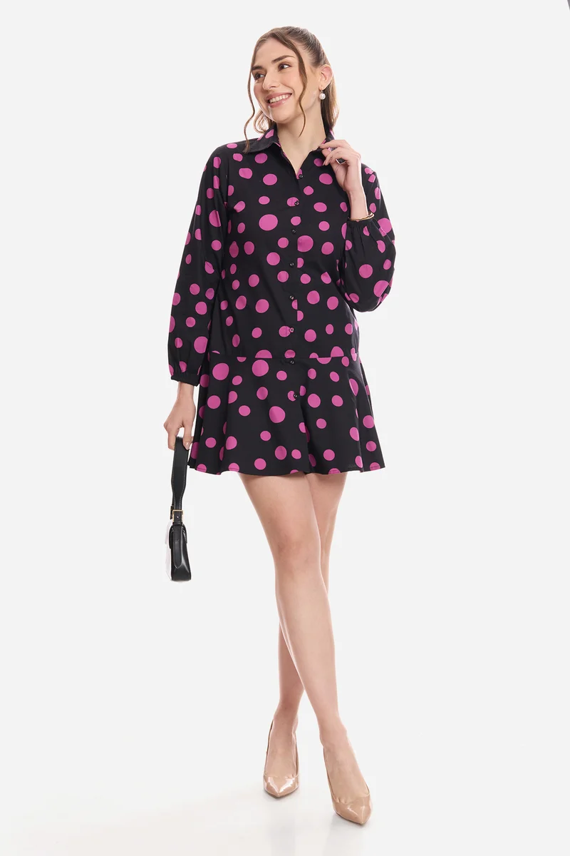 Harni|100% Cotton Polka Tiered Shirt Dress