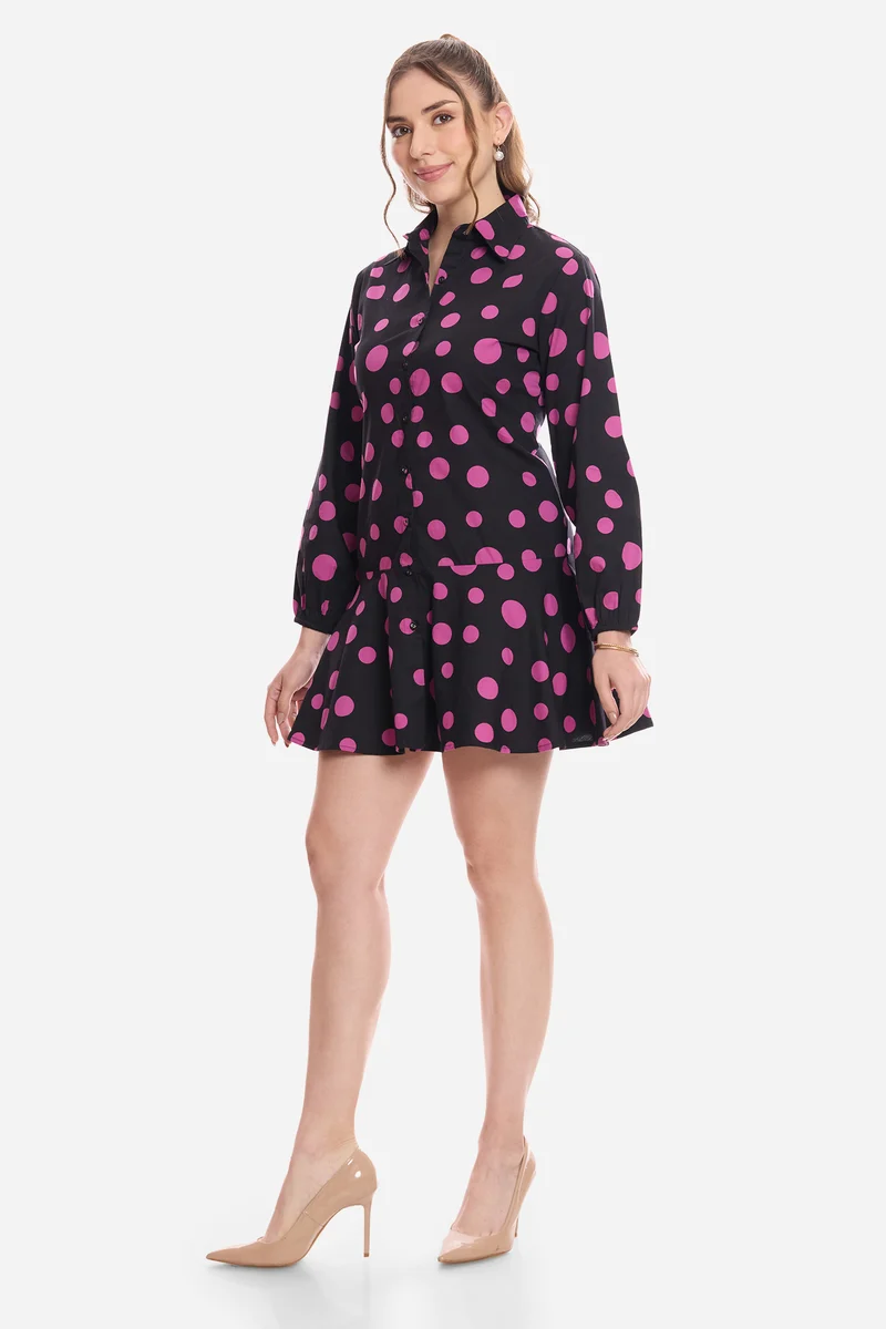 Harni|100% Cotton Polka Tiered Shirt Dress