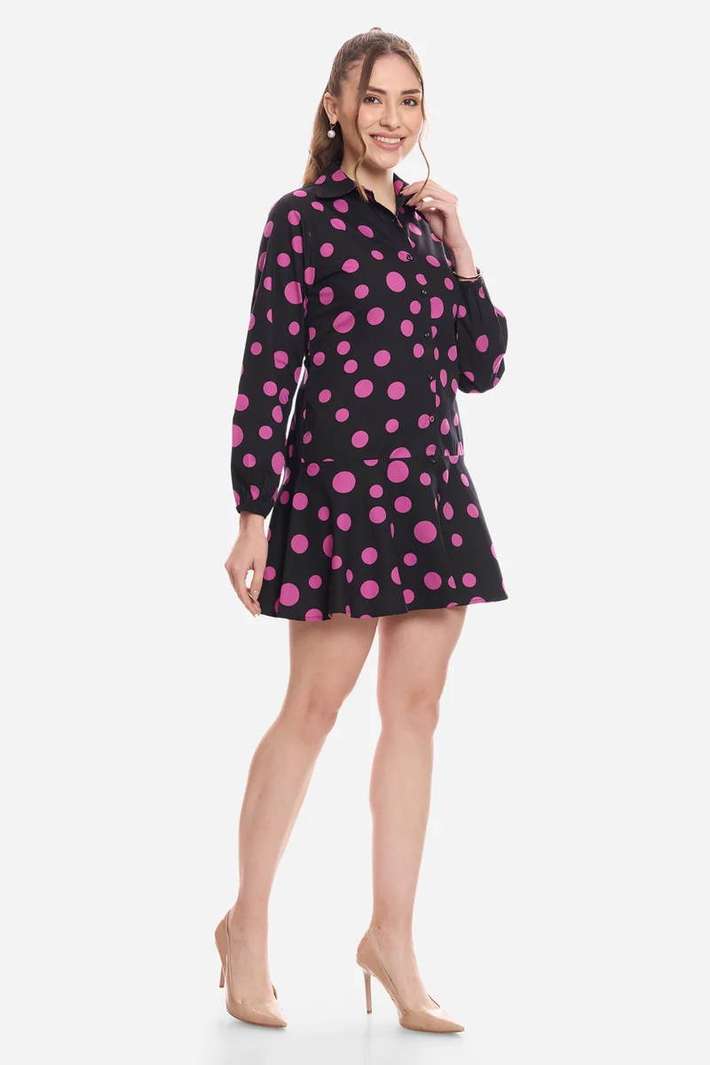 Harni|100% Cotton Polka Tiered Shirt Dress