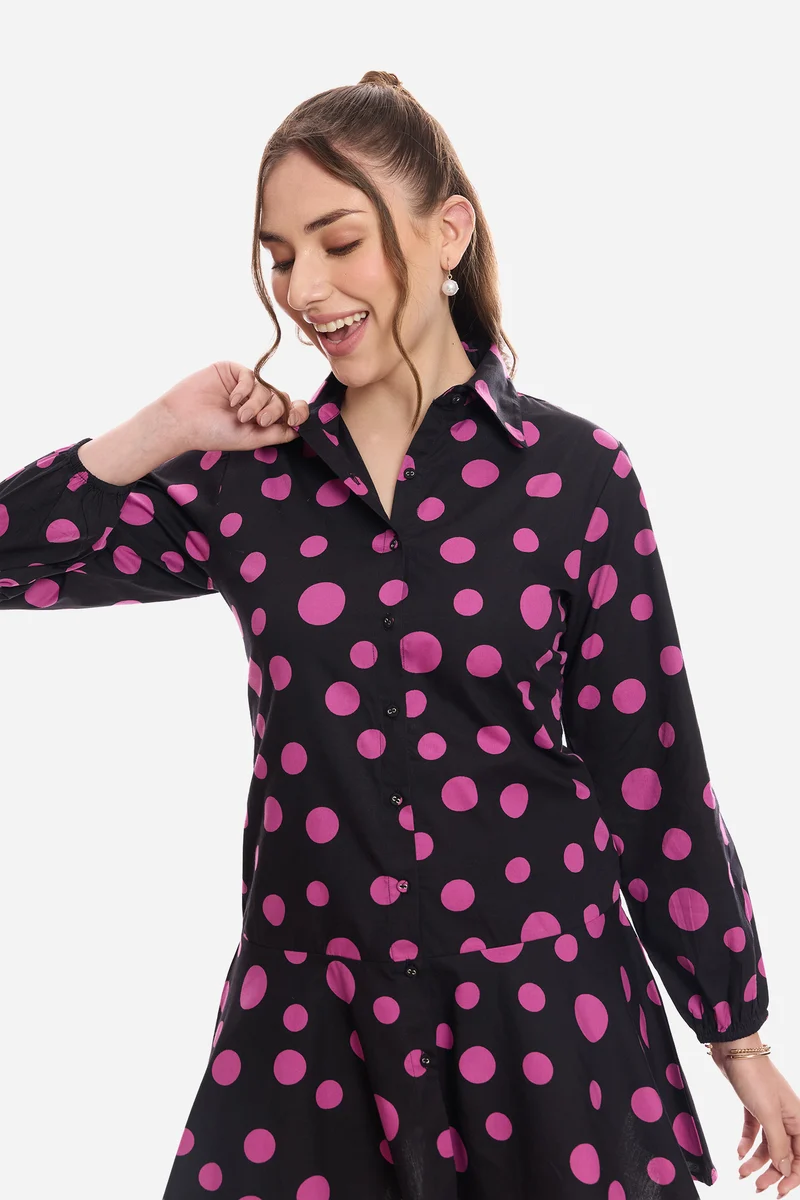 Harni|100% Cotton Polka Tiered Shirt Dress
