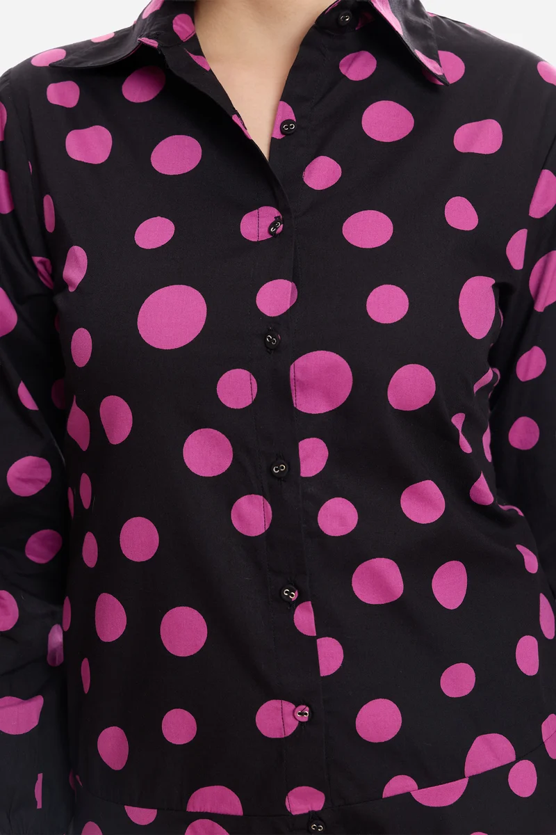 Harni|100% Cotton Polka Tiered Shirt Dress