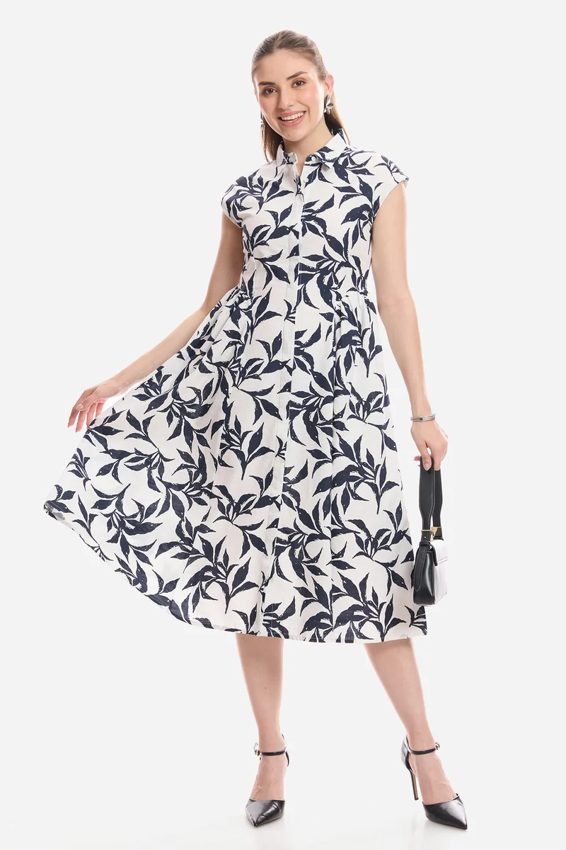Chela|100% Cotton Gathered Shirt Midi Dress