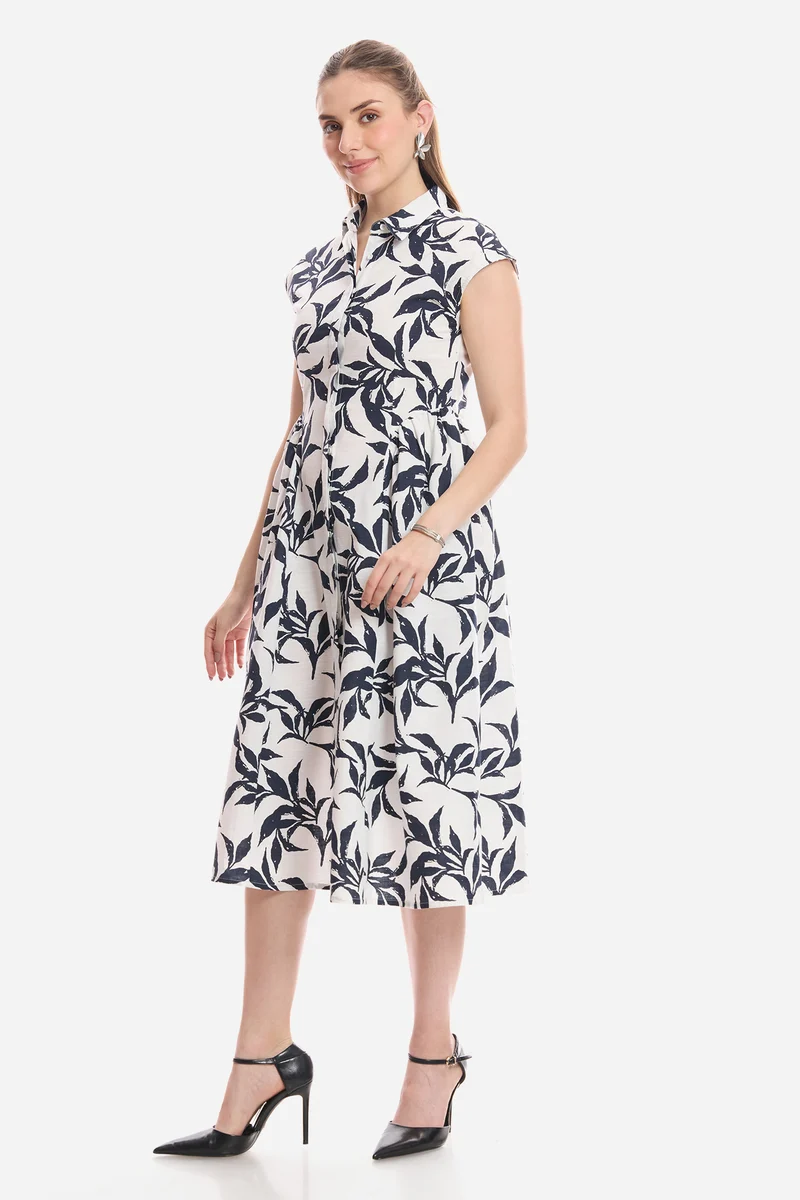 Chela|100% Cotton Gathered Shirt Midi Dress