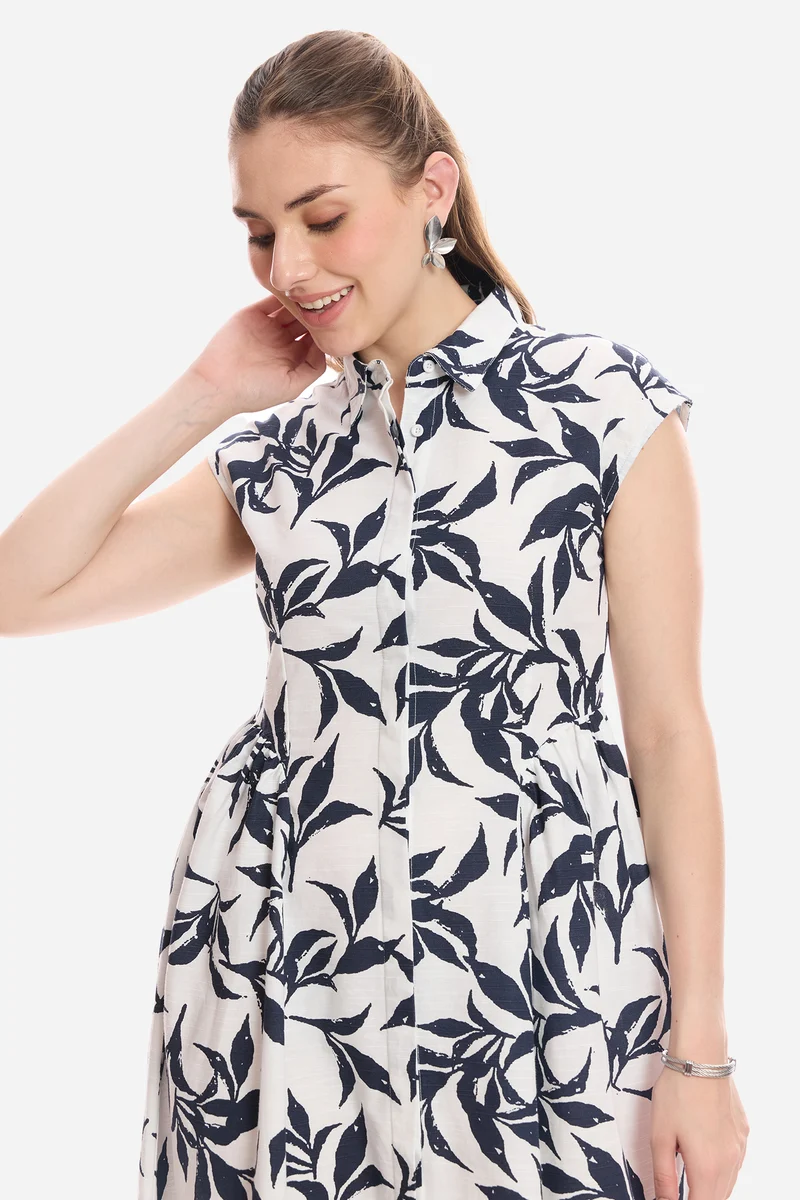 Chela|100% Cotton Gathered Shirt Midi Dress