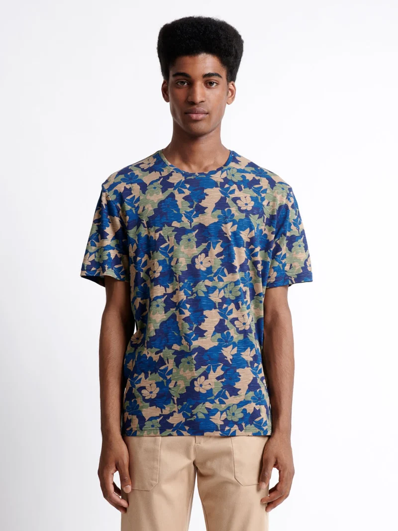 T-shirt col rond en coton texturé fleuri
