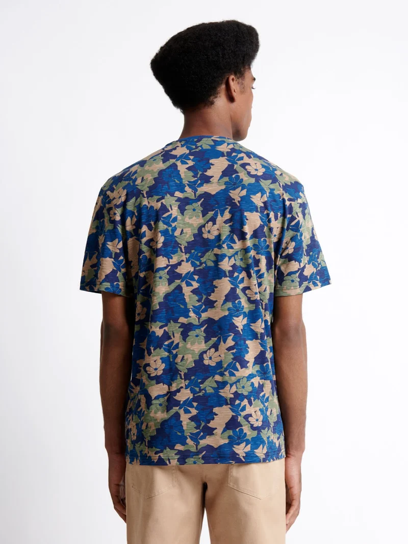 T-shirt col rond en coton texturé fleuri