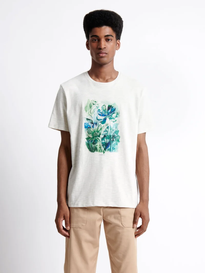 T-shirt col rond en coton fleuri