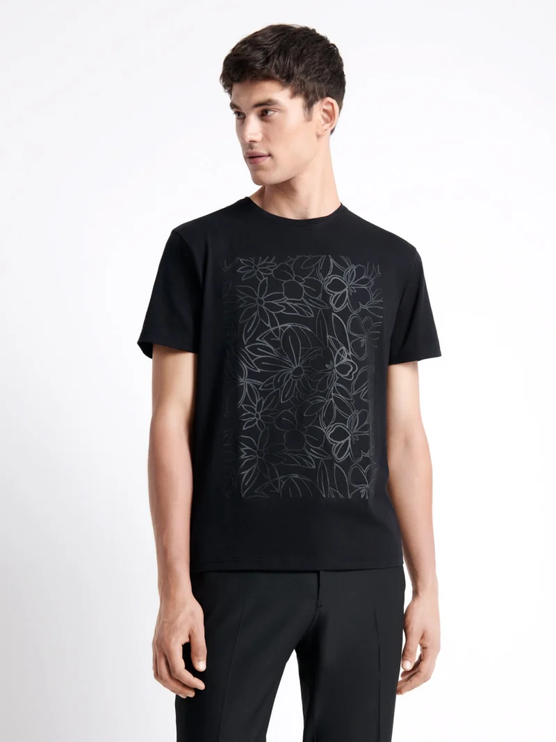 T-shirt col rond en coton fleuri