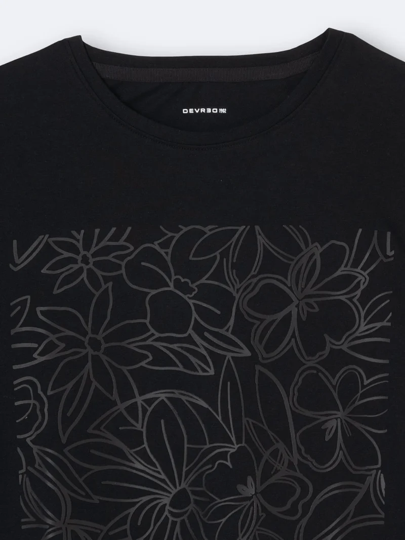 T-shirt col rond en coton fleuri