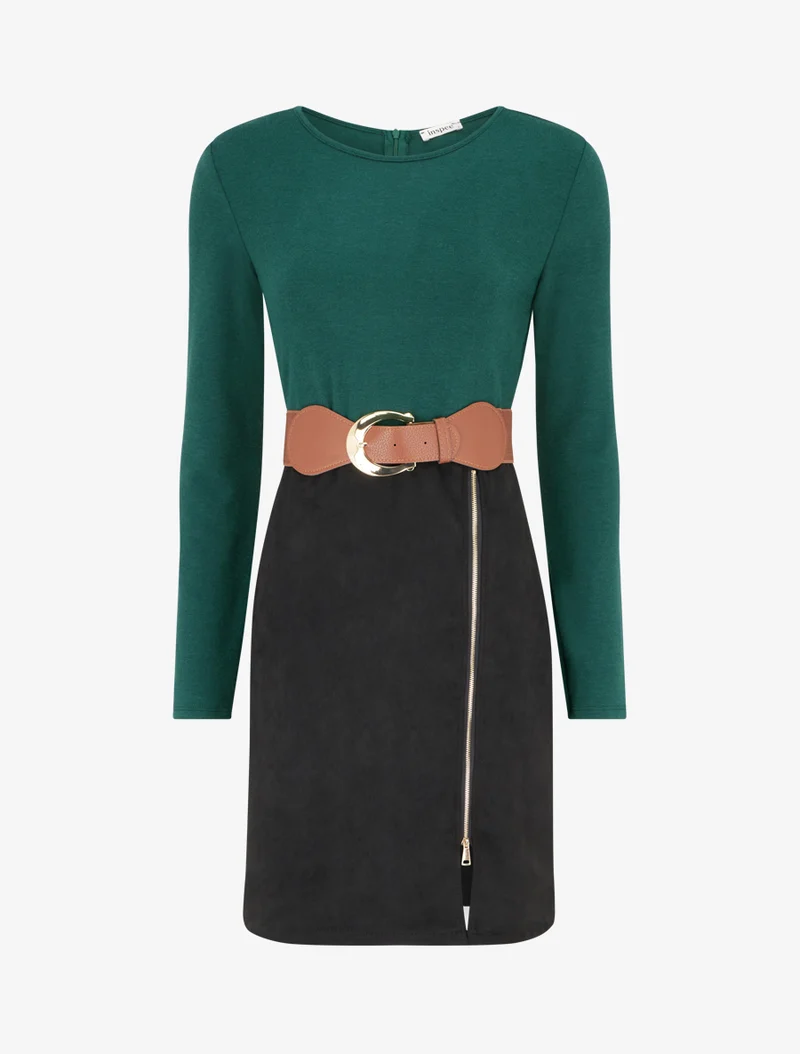 Robe droite en maille et suédine à manches longues et zip - Vert foncé