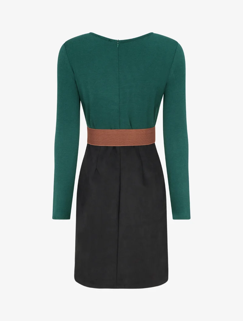 Robe droite en maille et suédine à manches longues et zip - Vert foncé