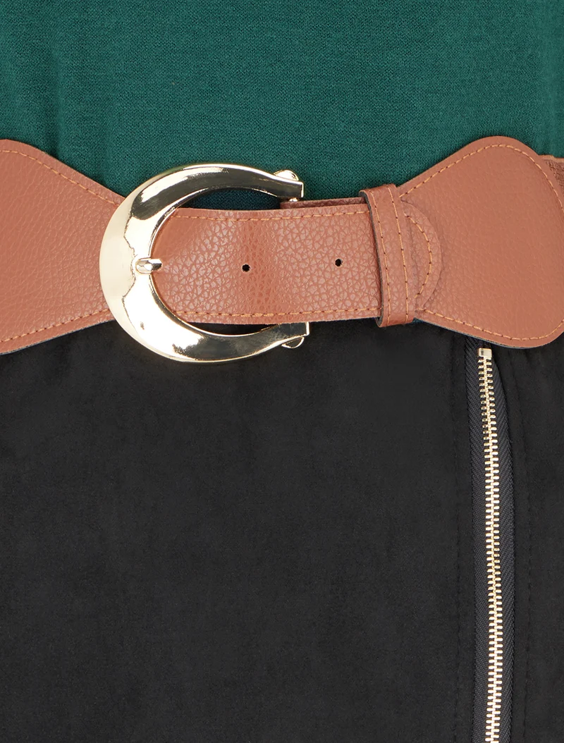 Robe droite en maille et suédine à manches longues et zip - Vert foncé