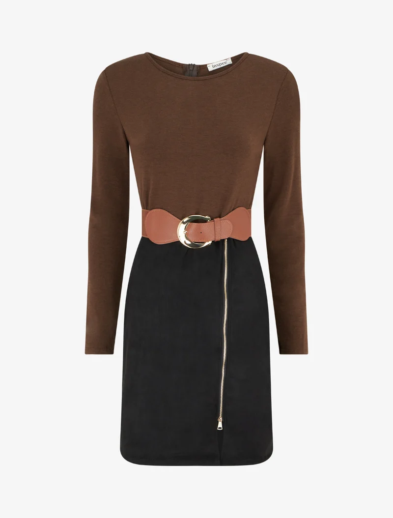 Robe droite en maille et suédine à manches longues et zip - Marron/noir