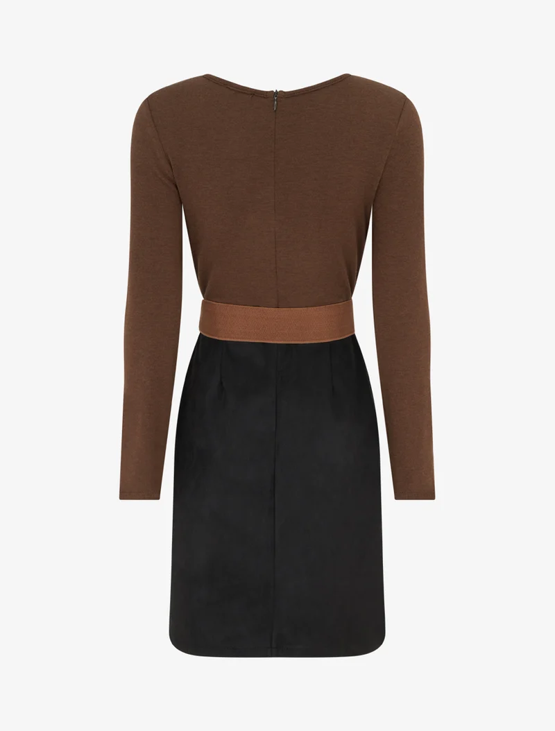 Robe droite en maille et suédine à manches longues et zip - Marron/noir