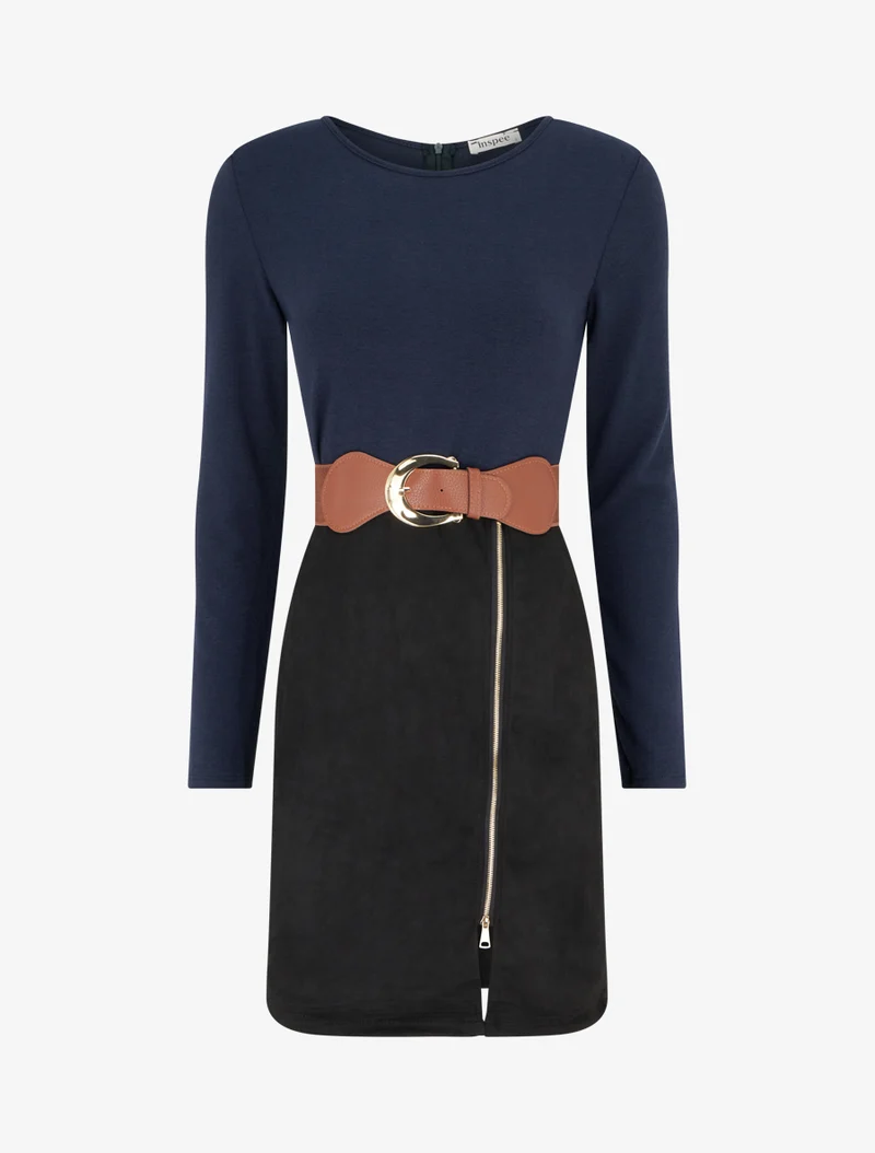 Robe droite en maille et suédine à manches longues et zip - Marine/noir